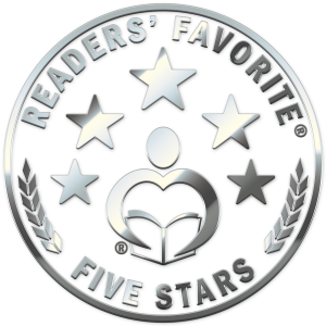 Silver medal with the text: readers' favourite, five stars.